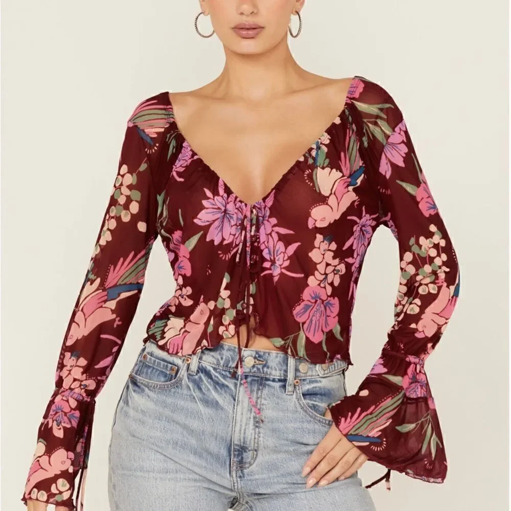 Free People Women's Floral Print Of Paradise Tie Front Crop Top